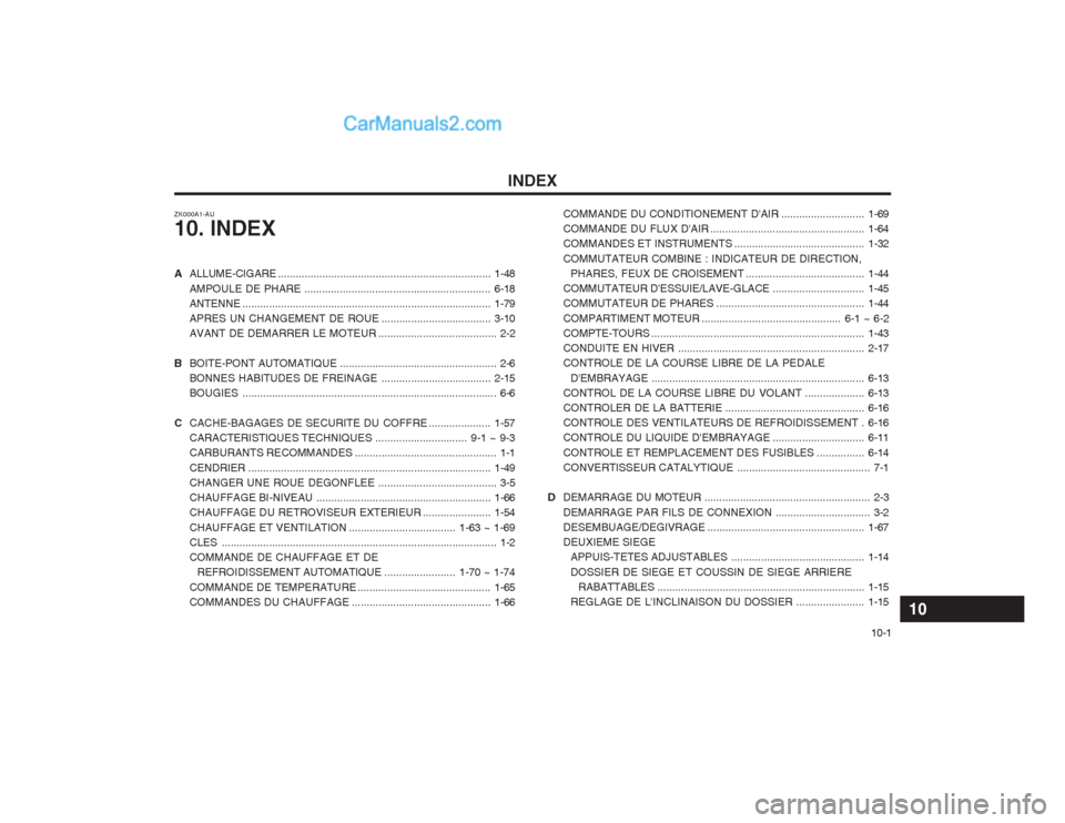 Hyundai Terracan 2004  Manuel du propriétaire (in French) INDEX10-1
COMMANDE DU CONDITIONEMENT 
DAIR ............................1-69
COMMANDE DU FLUX D AIR .................................................... 1-64
COMMANDES ET INSTRUMENTS ................