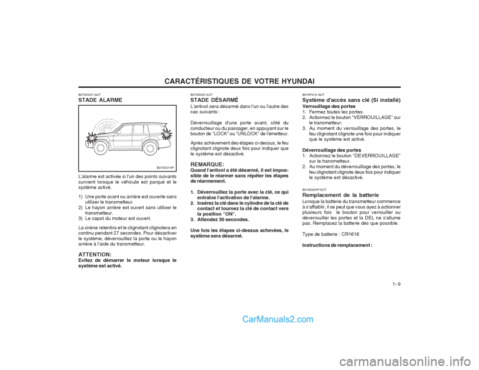 Hyundai Terracan 2004 Manuel du propriétaire (in French) CARACTÉRISTIQUES DE VOTRE HYUNDAI1- 9
B070C03Y-GUT STADE ALARME
B070C01HP
Lalarme est activée si lun des points suivants survient lorsque le véhicule est parqué et le système activé.
1) Une p Hyundai Terracan 2004 Manuel du propriétaire (in French) CARACTÉRISTIQUES DE VOTRE HYUNDAI1- 9
B070C03Y-GUT STADE ALARME
B070C01HP
Lalarme est activée si lun des points suivants survient lorsque le véhicule est parqué et le système activé.
1) Une p