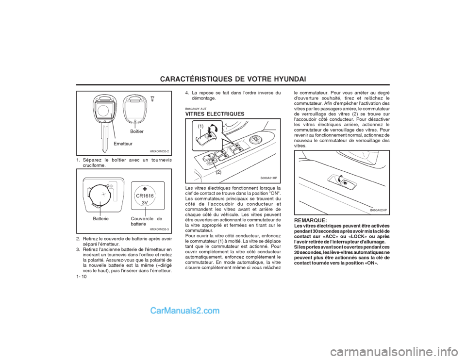 Hyundai Terracan 2004  Manuel du propriétaire (in French) CARACTÉRISTIQUES DE VOTRE HYUNDAI
1- 10
B060A02HP
Les vitres électriques fonctionnent lorsque la clef de contact se trouve dans la position "ON". Les commutateurs principaux se trouvent ducôté de 