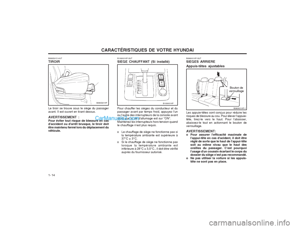 Hyundai Terracan 2004 Manuel du propriétaire (in French) CARACTÉRISTIQUES DE VOTRE HYUNDAI
1- 14
B090A01HP-GUT SIEGES ARRIERE Appuis-têtes ajustables
B090A01HP-1
Bouton de
verrouillage
Les appuie-têtes sont conçus pour réduire les risques de blessure a Hyundai Terracan 2004 Manuel du propriétaire (in French) CARACTÉRISTIQUES DE VOTRE HYUNDAI
1- 14
B090A01HP-GUT SIEGES ARRIERE Appuis-têtes ajustables
B090A01HP-1
Bouton de
verrouillage
Les appuie-têtes sont conçus pour réduire les risques de blessure a
