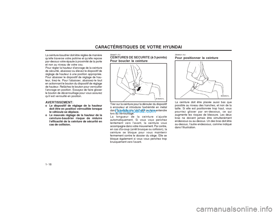 Hyundai Terracan 2004 Manuel du propriétaire (in French) CARACTÉRISTIQUES DE VOTRE HYUNDAI
1- 18 ZB090U1-AU Pour positionner la ceinture
B200A01L
La ceinture doit être placée aussi bas que
possible au niveau des hanches, et non de la taille. Si elle est Hyundai Terracan 2004 Manuel du propriétaire (in French) CARACTÉRISTIQUES DE VOTRE HYUNDAI
1- 18 ZB090U1-AU Pour positionner la ceinture
B200A01L
La ceinture doit être placée aussi bas que
possible au niveau des hanches, et non de la taille. Si elle est