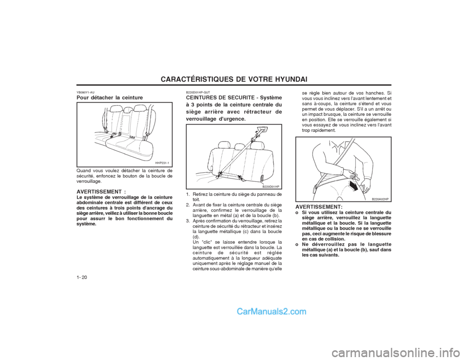 Hyundai Terracan 2004 Manuel du propriétaire (in French) CARACTÉRISTIQUES DE VOTRE HYUNDAI
1- 20
YB090Y1-AU Pour détacher la ceinture Quand vous voulez détacher la ceinture de sécurité, enfoncez le bouton de la boucle de verrouillage. AVERTISSEMENT : L Hyundai Terracan 2004 Manuel du propriétaire (in French) CARACTÉRISTIQUES DE VOTRE HYUNDAI
1- 20
YB090Y1-AU Pour détacher la ceinture Quand vous voulez détacher la ceinture de sécurité, enfoncez le bouton de la boucle de verrouillage. AVERTISSEMENT : L
