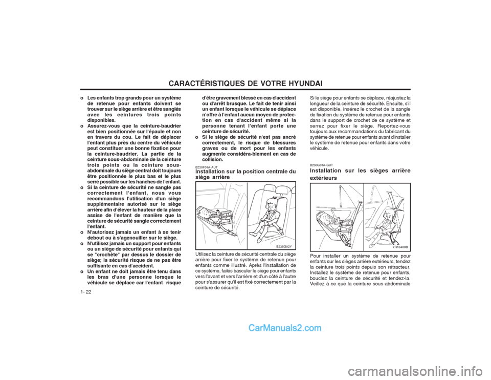 Hyundai Terracan 2004  Manuel du propriétaire (in French) CARACTÉRISTIQUES DE VOTRE HYUNDAI
1- 22 B230G01A-GUT Installation sur les sièges arrière extérieurs
B230F01A-AUT Installation sur la position centrale du siège arrière
B235G02YYR10400B
Pour inst