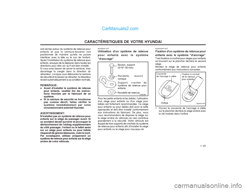 Hyundai Terracan 2004  Manuel du propriétaire (in French) CARACTÉRISTIQUES DE VOTRE HYUNDAI1- 23
soit serrée autour du système de retenue pour enfants et que la ceinture-boudrier soit positionnée de manière quelle ne puisse interférer avec la tête ou