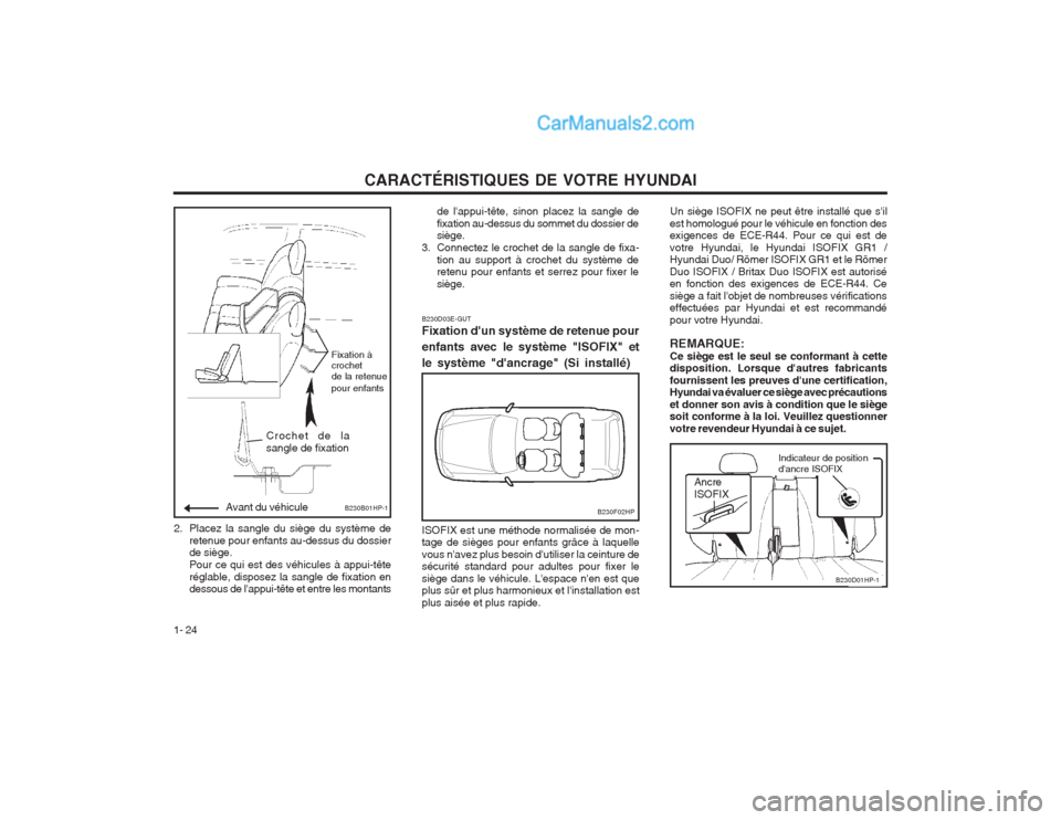 Hyundai Terracan 2004  Manuel du propriétaire (in French) CARACTÉRISTIQUES DE VOTRE HYUNDAI
1- 24 2. Placez la sangle du siège du système de
retenue pour enfants au-dessus du dossier de siège. Pour ce qui est des véhicules à appui-têteréglable, dispo
