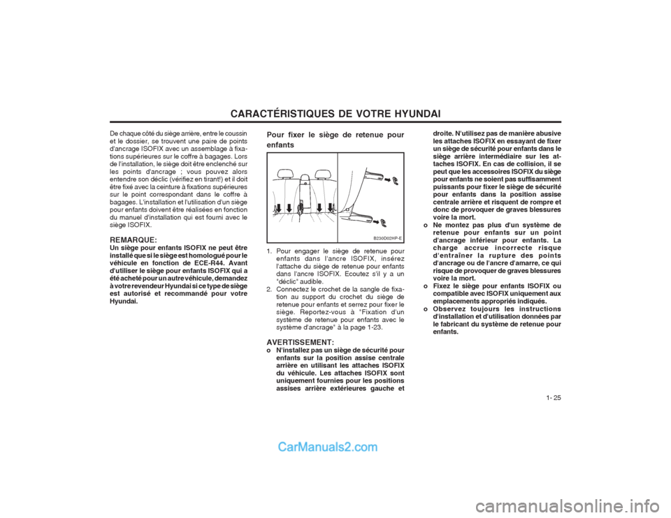 Hyundai Terracan 2004  Manuel du propriétaire (in French) CARACTÉRISTIQUES DE VOTRE HYUNDAI1- 25
B230D02HP-E
1. Pour engager le siège de retenue pourenfants dans lancre ISOFIX, insérez lattache du siège de retenue pour enfants dans lancre ISOFIX. Ecou