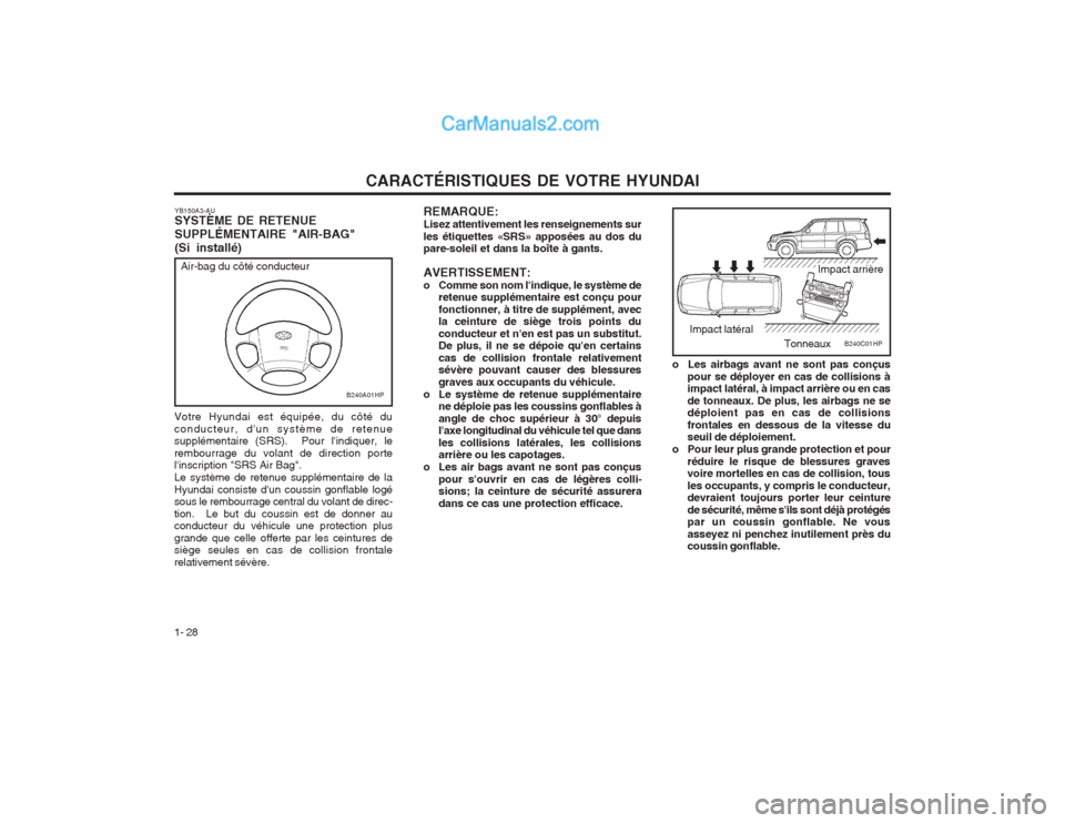 Hyundai Terracan 2004  Manuel du propriétaire (in French) CARACTÉRISTIQUES DE VOTRE HYUNDAI
1- 28
REMARQUE: Lisez attentivement les renseignements surles étiquettes «SRS» apposées au dos du pare-soleil et dans la boîte à gants. AVERTISSEMENT: 
o Comme