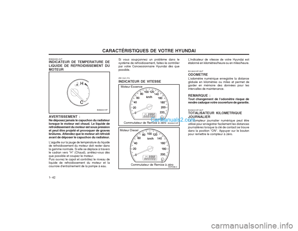 Hyundai Terracan 2004  Manuel du propriétaire (in French) CARACTÉRISTIQUES DE VOTRE HYUNDAI
1- 42 Lindicateur de vitesse de votre Hyundai est étalonné en kilomètres/heure ou en miles/heure. B310A01HP-GUT ODOMETRELodomètre numérique enregistre la dist