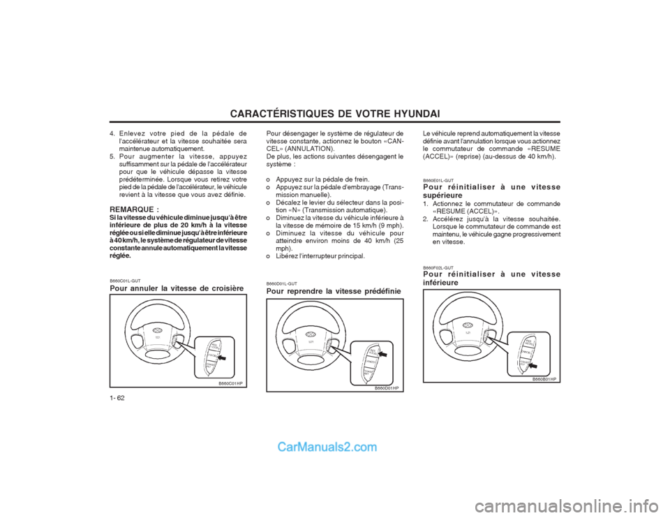 Hyundai Terracan 2004 Manuel du propriétaire (in French) CARACTÉRISTIQUES DE VOTRE HYUNDAI
1- 62
B660D01HP
B660B01HP
B660E01L-GUT Pour réinitialiser à une vitesse
supérieure
1. Actionnez le commutateur de commande «RESUME (ACCEL)».
2. Accélérez jus Hyundai Terracan 2004 Manuel du propriétaire (in French) CARACTÉRISTIQUES DE VOTRE HYUNDAI
1- 62
B660D01HP
B660B01HP
B660E01L-GUT Pour réinitialiser à une vitesse
supérieure
1. Actionnez le commutateur de commande «RESUME (ACCEL)».
2. Accélérez jus