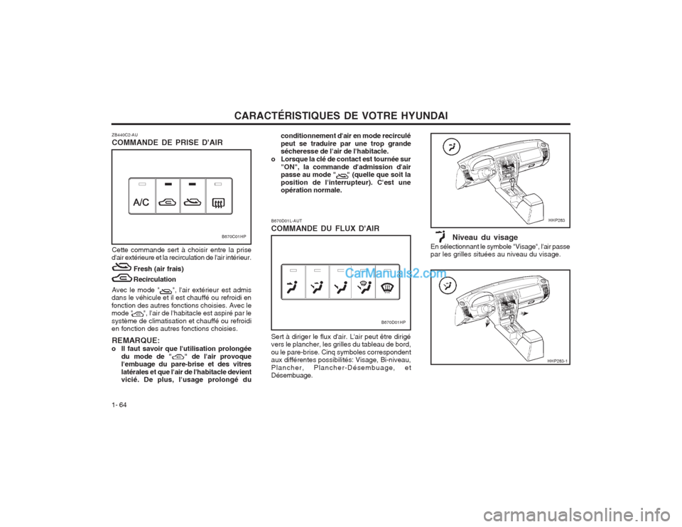 Hyundai Terracan 2004  Manuel du propriétaire (in French) CARACTÉRISTIQUES DE VOTRE HYUNDAI
1- 64
Niveau du visage
En sélectionnant le symbole "Visage", lair passe par les grilles situées au niveau du visage.
HHP283
HHP283-1
B670D01L-AUT COMMANDE DU FLUX