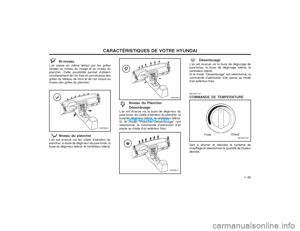 Hyundai Terracan 2004 Manuel du propriétaire (in French) CARACTÉRISTIQUES DE VOTRE HYUNDAI1- 65
ZB440E1-AU COMMANDE DE TEMPERATURE
HHP283-4
HHP283-3
Niveau du plancher
Lair est évacué via les volets daération du plancher, la buse de dégivreur de pare Hyundai Terracan 2004 Manuel du propriétaire (in French) CARACTÉRISTIQUES DE VOTRE HYUNDAI1- 65
ZB440E1-AU COMMANDE DE TEMPERATURE
HHP283-4
HHP283-3
Niveau du plancher
Lair est évacué via les volets daération du plancher, la buse de dégivreur de pare