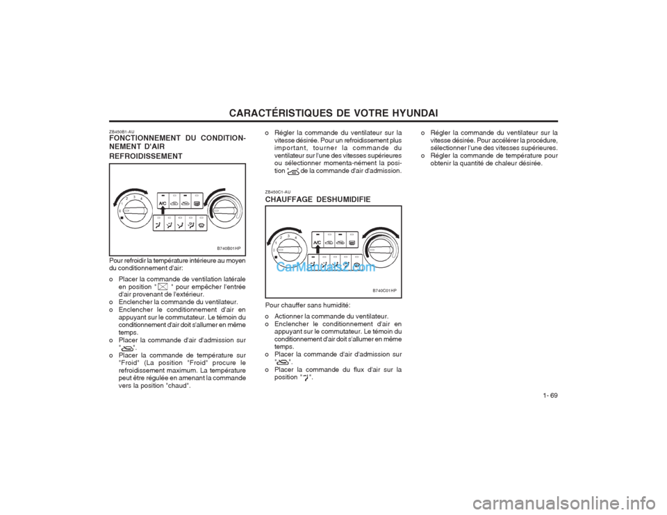 Hyundai Terracan 2004 Manuel du propriétaire (in French) CARACTÉRISTIQUES DE VOTRE HYUNDAI1- 69
o Régler la commande du ventilateur sur la
vitesse désirée. Pour accélérer la procédure, sélectionner lune des vitesses supérieures.
o Régler la comma Hyundai Terracan 2004 Manuel du propriétaire (in French) CARACTÉRISTIQUES DE VOTRE HYUNDAI1- 69
o Régler la commande du ventilateur sur la
vitesse désirée. Pour accélérer la procédure, sélectionner lune des vitesses supérieures.
o Régler la comma