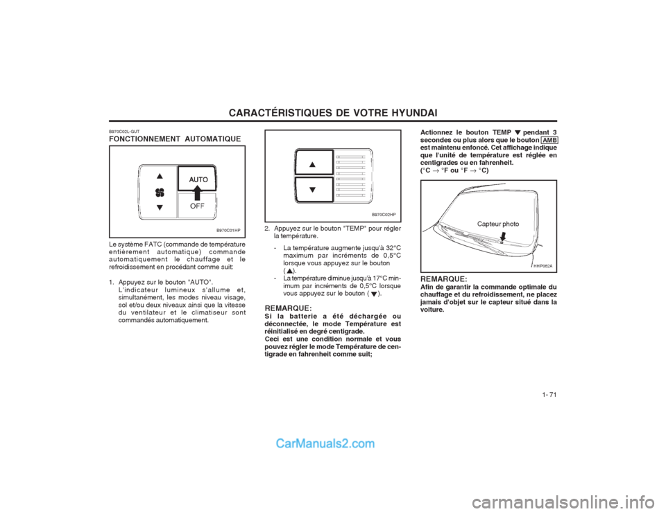 Hyundai Terracan 2004  Manuel du propriétaire (in French) CARACTÉRISTIQUES DE VOTRE HYUNDAI1- 71
B970C01HP
HHP062A
B970C02HP
B970C02L-GUT FONCTIONNEMENT AUTOMATIQUE Le système FATC (commande de température entièrement automatique) commandeautomatiquement