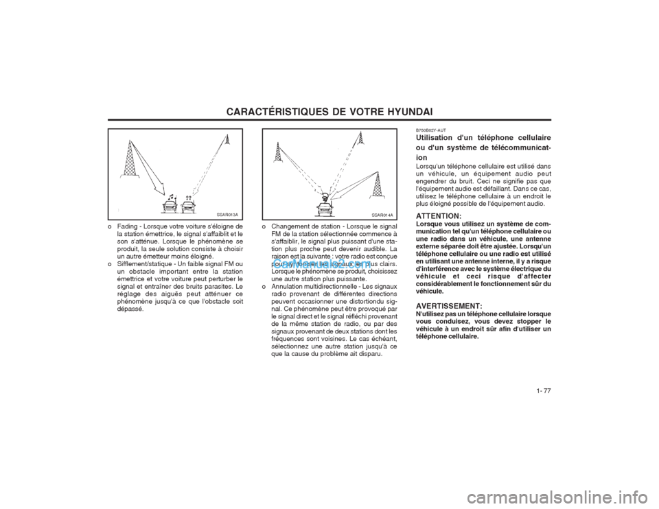 Hyundai Terracan 2004  Manuel du propriétaire (in French) CARACTÉRISTIQUES DE VOTRE HYUNDAI1- 77
B750B02Y-AUT Utilisation dun téléphone cellulaire ou dun système de télécommunicat-ion Lorsquun téléphone cellulaire est utilisé dans un véhicule, u