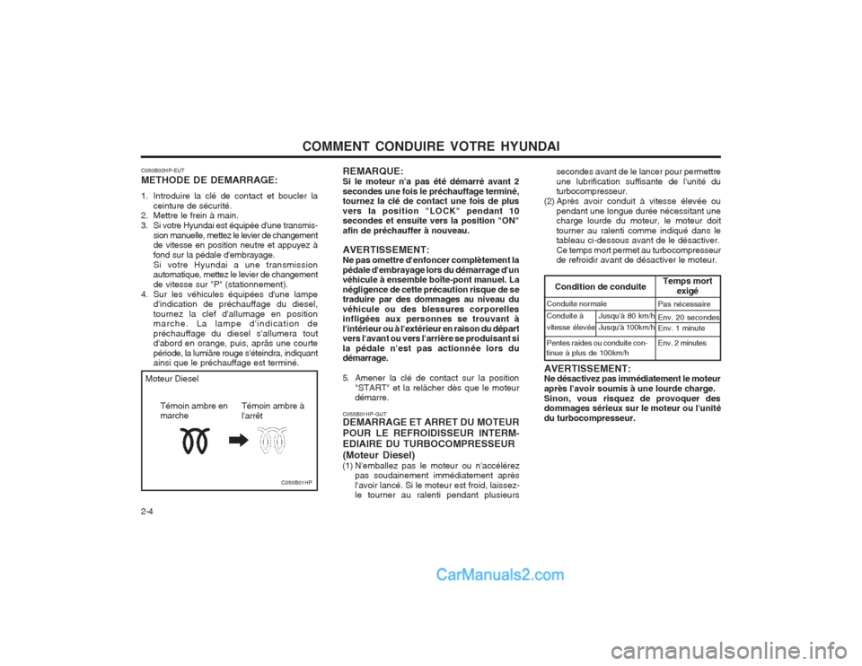 Hyundai Terracan 2004  Manuel du propriétaire (in French) COMMENT CONDUIRE VOTRE HYUNDAI
2-4
C050B02HP-EUT METHODE DE DEMARRAGE: 
1. Introduire la clé de contact et boucler la
ceinture de sécurité.
2. Mettre le frein à main. 
3. Si votre Hyundai est équ