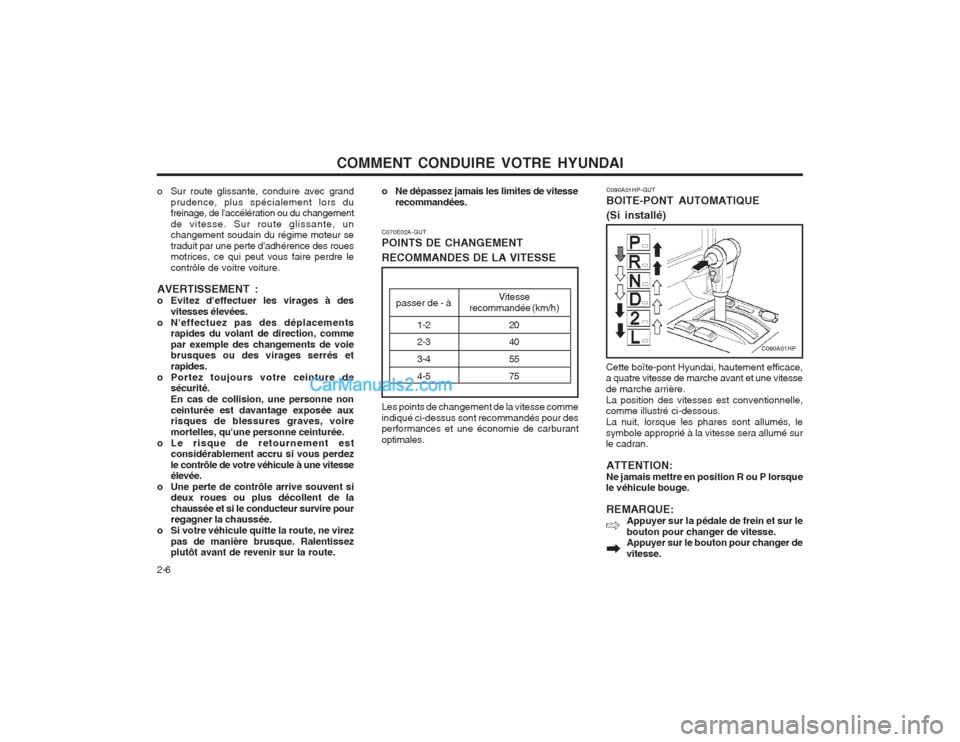 Hyundai Terracan 2004 Manuel du propriétaire (in French) COMMENT CONDUIRE VOTRE HYUNDAI
2-6 C090A01HP-GUT BOITE-PONT AUTOMATIQUE (Si installé)
Cette boîte-pont Hyundai, hautement efficace, a quatre vitesse de marche avant et une vitesse de marche arrière Hyundai Terracan 2004 Manuel du propriétaire (in French) COMMENT CONDUIRE VOTRE HYUNDAI
2-6 C090A01HP-GUT BOITE-PONT AUTOMATIQUE (Si installé)
Cette boîte-pont Hyundai, hautement efficace, a quatre vitesse de marche avant et une vitesse de marche arrière