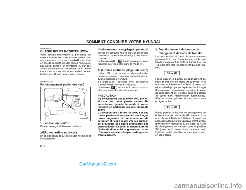 Hyundai Terracan 2004  Manuel du propriétaire (in French) COMMENT CONDUIRE VOTRE HYUNDAI
2-10 4H(4 roues motrices, plage supérieure)
En cas de conduite hors-route, sur des routes humides ou recouvertes de neige à une vitesse normale. Le témoin 4WD (      