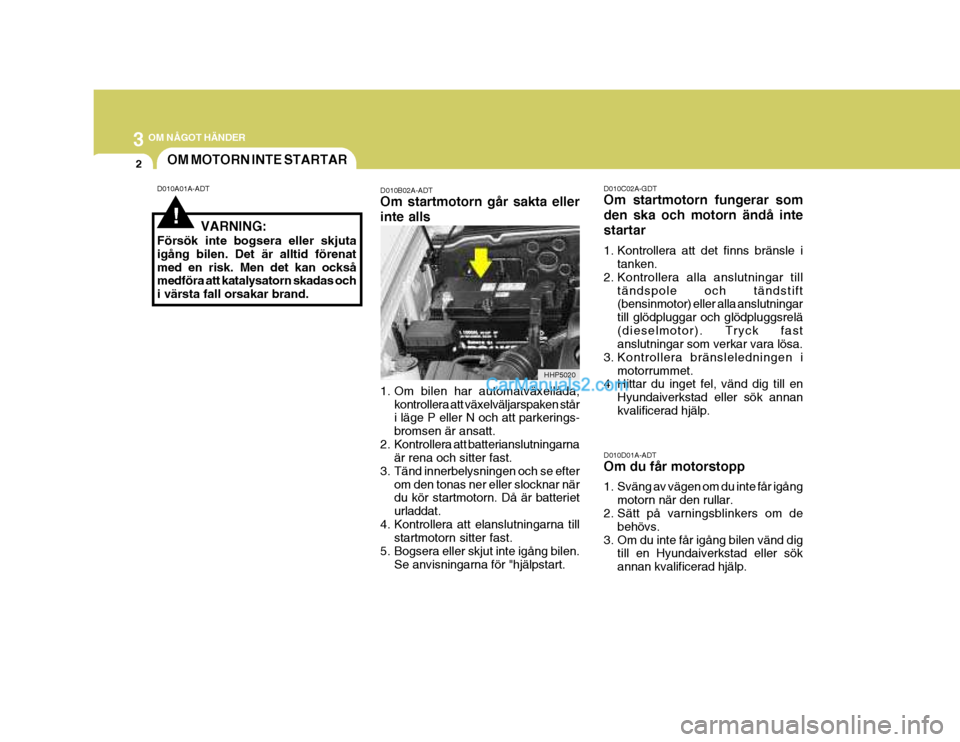 Hyundai Terracan 2004 Ägarmanual (in Swedish) 3 OM NÅGOT HÄNDER
2
D010A01A-ADTOM MOTORN INTE STARTAR
D010B02A-ADT Om startmotorn går sakta eller inte alls
1. Om bilen har automatväxellåda,kontrollera att växelväljarspaken står i läge P Hyundai Terracan 2004 Ägarmanual (in Swedish) 3 OM NÅGOT HÄNDER
2
D010A01A-ADTOM MOTORN INTE STARTAR
D010B02A-ADT Om startmotorn går sakta eller inte alls
1. Om bilen har automatväxellåda,kontrollera att växelväljarspaken står i läge P