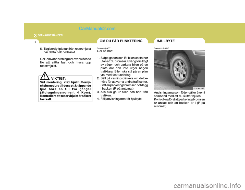 Hyundai Terracan 2004 Ägarmanual (in Swedish) 3 OM NÅGOT HÄNDER
6
!
HJULBYTE
D060A02HP-ADT Anvisningarna som följer gäller även i samband med att du skiftar hjulen. Kontrollera först att parkeringsbromsenär ansatt och att backen är i (P p Hyundai Terracan 2004 Ägarmanual (in Swedish) 3 OM NÅGOT HÄNDER
6
!
HJULBYTE
D060A02HP-ADT Anvisningarna som följer gäller även i samband med att du skiftar hjulen. Kontrollera först att parkeringsbromsenär ansatt och att backen är i (P p
