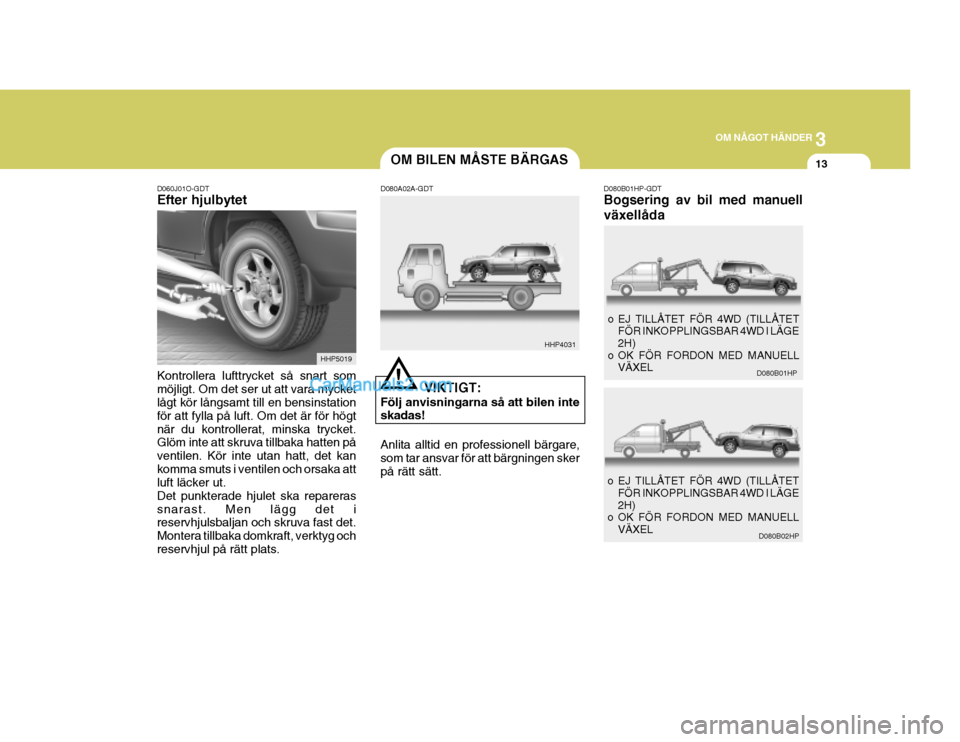 Hyundai Terracan 2004 Ägarmanual (in Swedish) 3
OM NÅGOT HÄNDER
13
HHP4031
OM BILEN MÅSTE BÄRGAS
D060J01O-GDT Efter hjulbytet Kontrollera lufttrycket så snart som möjligt. Om det ser ut att vara mycket lågt kör långsamt till en bensinsta Hyundai Terracan 2004 Ägarmanual (in Swedish) 3
OM NÅGOT HÄNDER
13
HHP4031
OM BILEN MÅSTE BÄRGAS
D060J01O-GDT Efter hjulbytet Kontrollera lufttrycket så snart som möjligt. Om det ser ut att vara mycket lågt kör långsamt till en bensinsta
