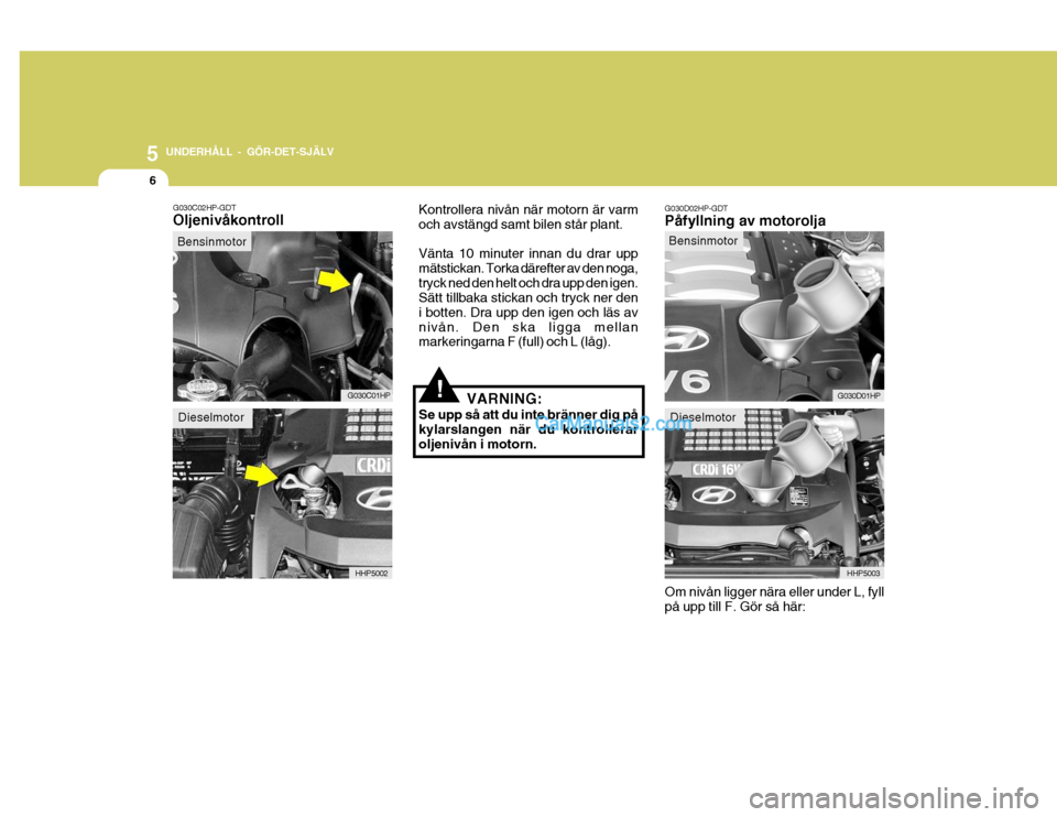 Hyundai Terracan 2004 Ägarmanual (in Swedish) 5 UNDERHÅLL - GÖR-DET-SJÄLV
6
G030C02HP-GDT Oljenivåkontroll Kontrollera nivån när motorn är varm och avstängd samt bilen står plant. Vänta 10 minuter innan du drar upp mätstickan. Torka dà Hyundai Terracan 2004 Ägarmanual (in Swedish) 5 UNDERHÅLL - GÖR-DET-SJÄLV
6
G030C02HP-GDT OljenivÃ¥kontroll Kontrollera nivÃ¥n när motorn är varm och avstängd samt bilen stÃ¥r plant. Vänta 10 minuter innan du drar upp mätstickan. Torka dÃ