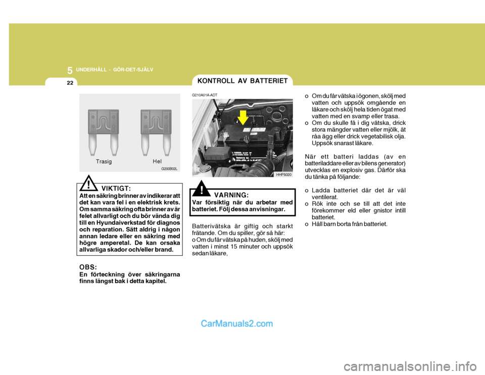 Hyundai Terracan 2004 Ägarmanual (in Swedish) 5 UNDERHÅLL - GÖR-DET-SJÄLV
22
Hel
G200B02L
Trasig
VIKTIGT:
Att en säkring brinner av indikerar att det kan vara fel i en elektrisk krets. Om samma säkring ofta brinner av ärfelet allvarligt och Hyundai Terracan 2004 Ägarmanual (in Swedish) 5 UNDERHÅLL - GÖR-DET-SJÄLV
22
Hel
G200B02L
Trasig
VIKTIGT:
Att en säkring brinner av indikerar att det kan vara fel i en elektrisk krets. Om samma säkring ofta brinner av ärfelet allvarligt och