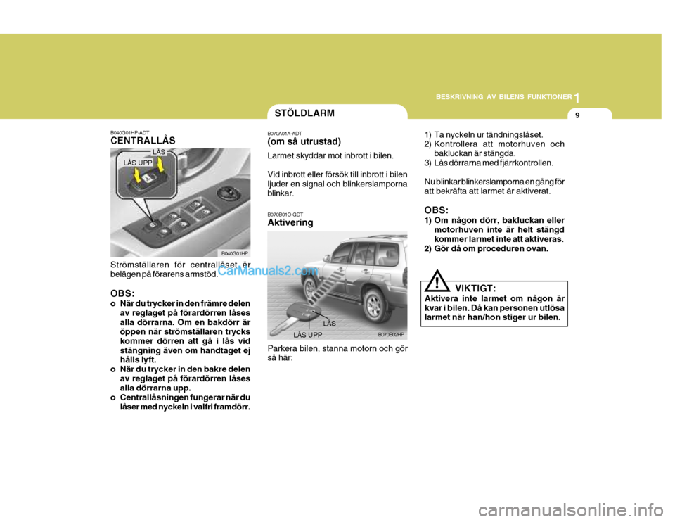 Hyundai Terracan 2004 Ägarmanual (in Swedish) 1
BESKRIVNING AV BILENS FUNKTIONER
9
1) Ta nyckeln ur tändningslåset.
2) Kontrollera att motorhuven och
bakluckan är stängda.
3) Lås dörrarna med fjärrkontrollen. Nu blinkar blinkerslamporna e Hyundai Terracan 2004 Ägarmanual (in Swedish) 1
BESKRIVNING AV BILENS FUNKTIONER
9
1) Ta nyckeln ur tändningslåset.
2) Kontrollera att motorhuven och
bakluckan är stängda.
3) Lås dörrarna med fjärrkontrollen. Nu blinkar blinkerslamporna e