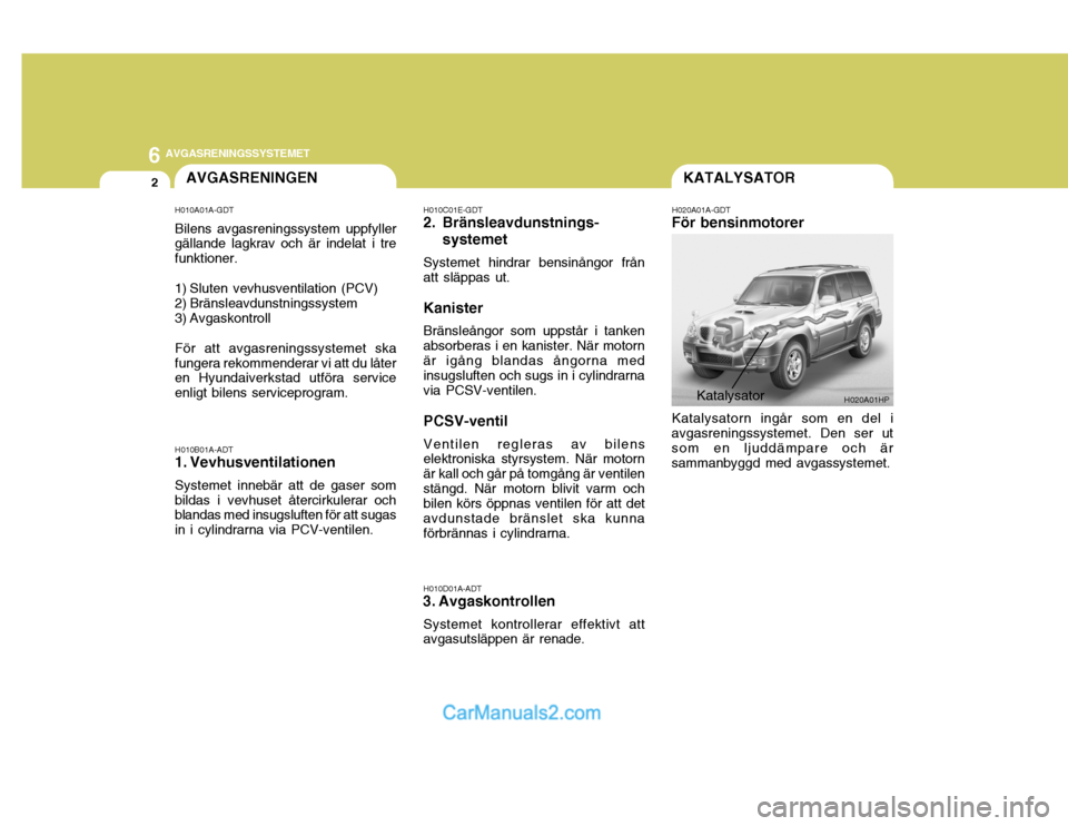 Hyundai Terracan 2004 Ägarmanual (in Swedish) 6AVGASRENINGSSYSTEMET
2
H020A01HP
KATALYSATOR
H020A01A-GDT
För bensinmotorer
Katalysatorn ingår som en del i
avgasreningssystemet. Den ser ut som en ljuddämpare och är sammanbyggd med avgassysteme Hyundai Terracan 2004 Ägarmanual (in Swedish) 6AVGASRENINGSSYSTEMET
2
H020A01HP
KATALYSATOR
H020A01A-GDT
För bensinmotorer
Katalysatorn ingår som en del i
avgasreningssystemet. Den ser ut som en ljuddämpare och är sammanbyggd med avgassysteme