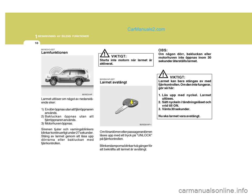 Hyundai Terracan 2004 Ägarmanual (in Swedish) 1BESKRIVNING AV BILENS FUNKTIONER
10
B070D01HP-GDT Larmet avstängt
B070C01O-GDTLarmfunktionen
Om förardörren eller passagerardörren låses upp med ett tryck på "UNLOCK"på fjärrkontrollen. Blink Hyundai Terracan 2004 Ägarmanual (in Swedish) 1BESKRIVNING AV BILENS FUNKTIONER
10
B070D01HP-GDT Larmet avstängt
B070C01O-GDTLarmfunktionen
Om förardörren eller passagerardörren låses upp med ett tryck på "UNLOCK"på fjärrkontrollen. Blink
