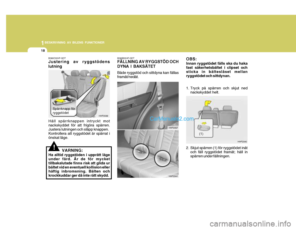 Hyundai Terracan 2004 Ägarmanual (in Swedish) 1BESKRIVNING AV BILENS FUNKTIONER
18
HHP2039
Håll spärrknappen intryckt mot nackskyddet för att frigöra spärren. Justera lutningen och släpp knappen. Kontrollera att ryggstödet är spärrat iö Hyundai Terracan 2004 Ägarmanual (in Swedish) 1BESKRIVNING AV BILENS FUNKTIONER
18
HHP2039
Håll spärrknappen intryckt mot nackskyddet för att frigöra spärren. Justera lutningen och släpp knappen. Kontrollera att ryggstödet är spärrat iö