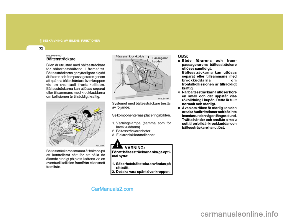 Hyundai Terracan 2004 Ägarmanual (in Swedish) 1BESKRIVNING AV BILENS FUNKTIONER
32
OBS:
o Både förarens och fram-passagerarens bältessträckare utlöses samtidigt.Bältessträckarna kan utlösas separat eller tillsammans med krockkuddarna omf Hyundai Terracan 2004 Ägarmanual (in Swedish) 1BESKRIVNING AV BILENS FUNKTIONER
32
OBS:
o Både förarens och fram-passagerarens bältessträckare utlöses samtidigt.Bältessträckarna kan utlösas separat eller tillsammans med krockkuddarna omf