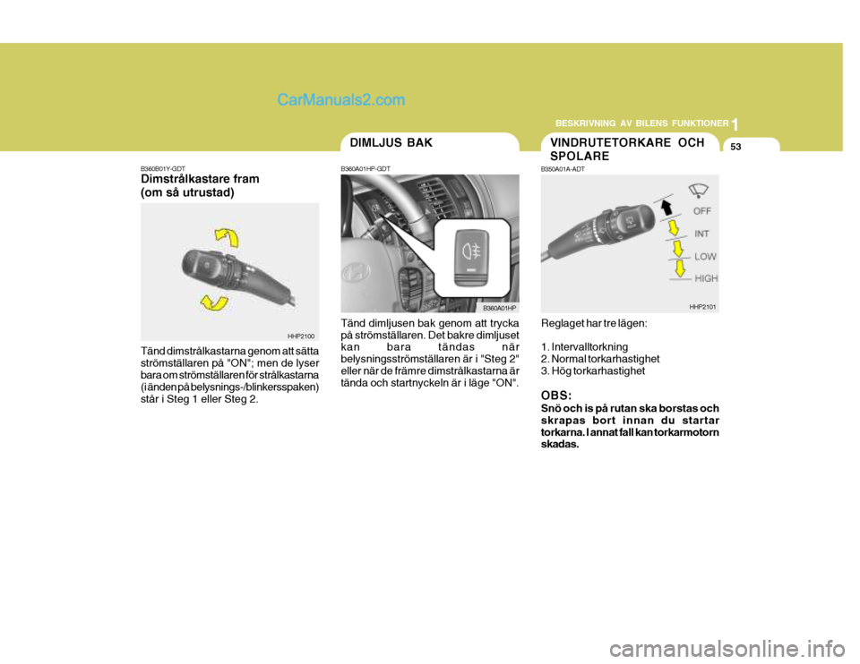 Hyundai Terracan 2004 Ägarmanual (in Swedish) 1
BESKRIVNING AV BILENS FUNKTIONER
53DIMLJUS BAK
B360B01Y-GDT Dimstrålkastare fram (om så utrustad) Tänd dimstrålkastarna genom att sätta strömställaren på "ON"; men de lyser bara om strömstà Hyundai Terracan 2004 Ägarmanual (in Swedish) 1
BESKRIVNING AV BILENS FUNKTIONER
53DIMLJUS BAK
B360B01Y-GDT DimstrÃ¥lkastare fram (om sÃ¥ utrustad) Tänd dimstrÃ¥lkastarna genom att sätta strömställaren pÃ¥ "ON"; men de lyser bara om strömstÃ