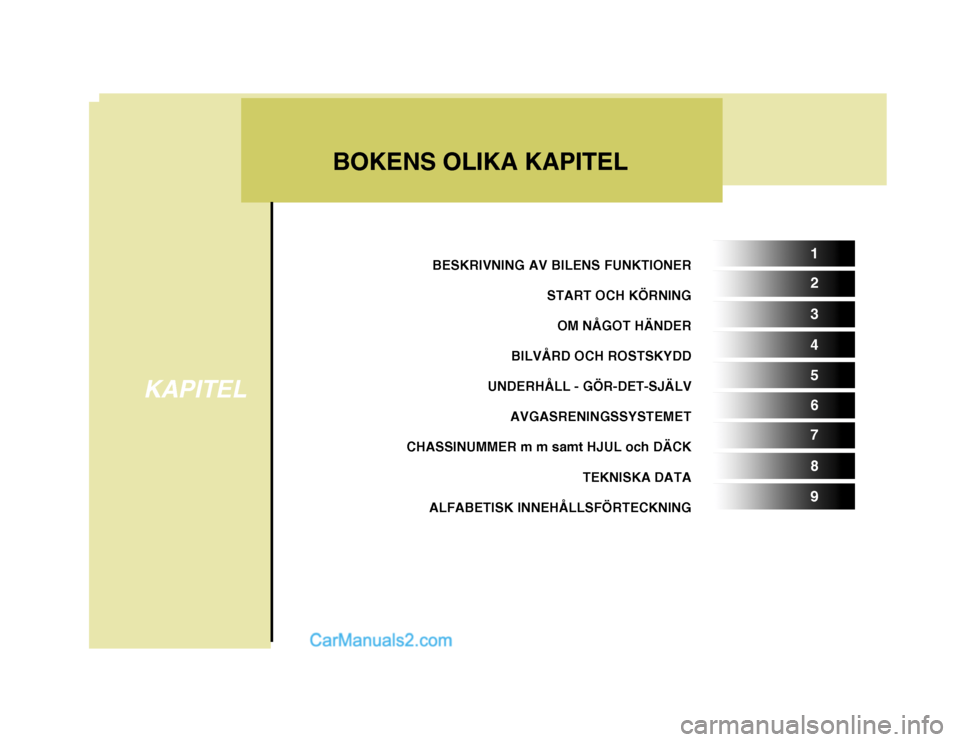 Hyundai Terracan 2004  Ägarmanual (in Swedish) BESKRIVNING AV BILENS FUNKTIONERSTART OCH KÖRNING
OM NÅGOT HÄNDER
BILVÅRD OCH ROSTSKYDD
UNDERHÅLL - GÖR-DET-SJÄLV AVGASRENINGSSYSTEMET
CHASSINUMMER m m samt HJUL och DÄCK
TEKNISKA DATA
ALFABET