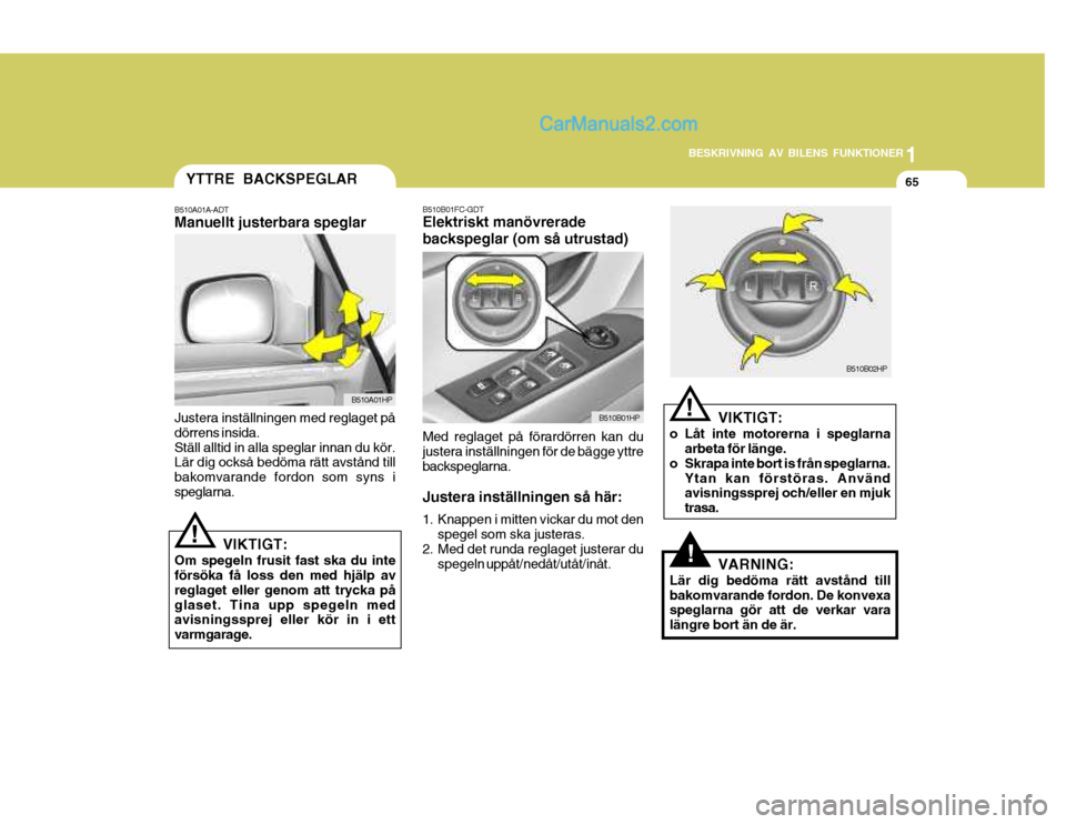Hyundai Terracan 2004 Ägarmanual (in Swedish) 1
BESKRIVNING AV BILENS FUNKTIONER
65
VIKTIGT:
o Låt inte motorerna i speglarna arbeta för länge.
o Skrapa inte bort is från speglarna. Ytan kan förstöras. Använd avisningssprej och/eller en mj Hyundai Terracan 2004 Ägarmanual (in Swedish) 1
BESKRIVNING AV BILENS FUNKTIONER
65
VIKTIGT:
o Låt inte motorerna i speglarna arbeta för länge.
o Skrapa inte bort is från speglarna. Ytan kan förstöras. Använd avisningssprej och/eller en mj