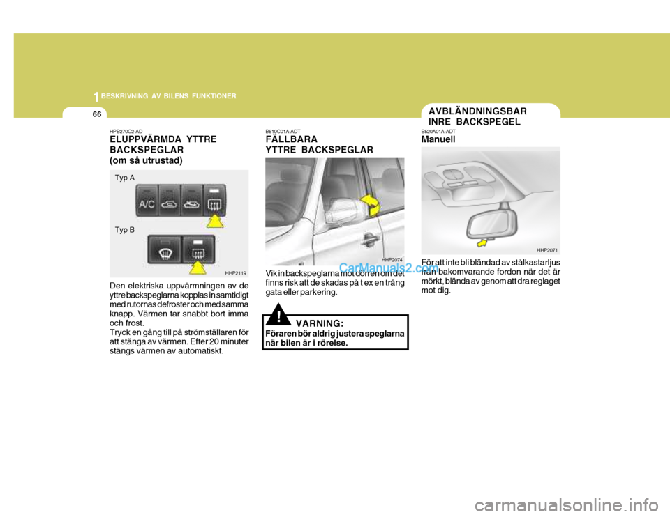Hyundai Terracan 2004 Ägarmanual (in Swedish) 1BESKRIVNING AV BILENS FUNKTIONER
66
!
B510C01A-ADT FÄLLBARA YTTRE BACKSPEGLAR Vik in backspeglarna mot dörren om det finns risk att de skadas på t ex en trång gata eller parkering.
VARNING:
Föra Hyundai Terracan 2004 Ägarmanual (in Swedish) 1BESKRIVNING AV BILENS FUNKTIONER
66
!
B510C01A-ADT FÄLLBARA YTTRE BACKSPEGLAR Vik in backspeglarna mot dörren om det finns risk att de skadas på t ex en trång gata eller parkering.
VARNING:
Föra