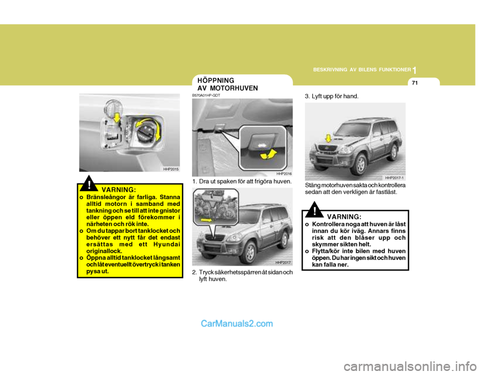 Hyundai Terracan 2004 Ägarmanual (in Swedish) 1
BESKRIVNING AV BILENS FUNKTIONER
71
!
!VARNING:
o Bränsleångor är farliga. Stanna alltid motorn i samband med tankning och se till att inte gnistor eller öppen eld förekommer i närheten och rà Hyundai Terracan 2004 Ägarmanual (in Swedish) 1
BESKRIVNING AV BILENS FUNKTIONER
71
!
!VARNING:
o BränsleÃ¥ngor är farliga. Stanna alltid motorn i samband med tankning och se till att inte gnistor eller öppen eld förekommer i närheten och rÃ
