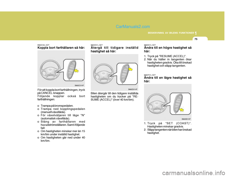 Hyundai Terracan 2004 Ägarmanual (in Swedish) 1
BESKRIVNING AV BILENS FUNKTIONER
75
B660E01L-GDT Ändra till en högre hastighet så här:
1. Tryck på "RESUME (ACCEL)".
2. När du håller in tangenten ökar hastigheten gradvis. Öka till önsk Hyundai Terracan 2004 Ägarmanual (in Swedish) 1
BESKRIVNING AV BILENS FUNKTIONER
75
B660E01L-GDT Ändra till en högre hastighet så här:
1. Tryck på "RESUME (ACCEL)".
2. När du håller in tangenten ökar hastigheten gradvis. Öka till önsk