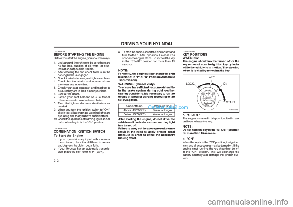 Hyundai Terracan 2003  Owners Manual DRIVING YOUR HYUNDAI
2- 2 C040A01A-AAT KEY POSITIONS WARNING: The engine should not be turned off or the key removed from the ignition key cylinder while the vehicle is in motion. The steering wheel i