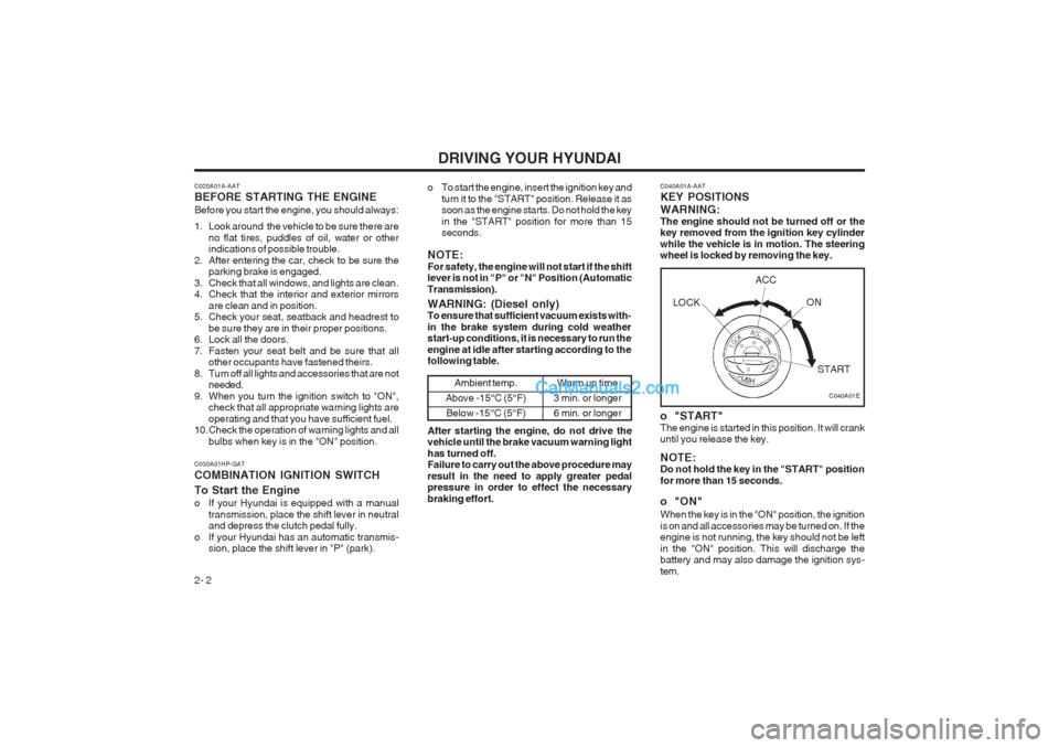 Hyundai Terracan 2003 Owners Manual DRIVING YOUR HYUNDAI
2- 2 C040A01A-AAT KEY POSITIONS WARNING: The engine should not be turned off or the key removed from the ignition key cylinder while the vehicle is in motion. The steering wheel i Hyundai Terracan 2003 Owners Manual DRIVING YOUR HYUNDAI
2- 2 C040A01A-AAT KEY POSITIONS WARNING: The engine should not be turned off or the key removed from the ignition key cylinder while the vehicle is in motion. The steering wheel i