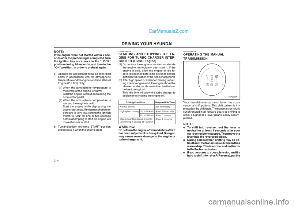 Hyundai Terracan 2003 Owners Manual DRIVING YOUR HYUNDAI
2- 4 C070A02HP-GAT OPERATING THE MANUAL TRANSMISSION Your Hyundais manual transmission has a con- ventional shift pattern. This shift pattern is im- printed on the shift knob. Th Hyundai Terracan 2003 Owners Manual DRIVING YOUR HYUNDAI
2- 4 C070A02HP-GAT OPERATING THE MANUAL TRANSMISSION Your Hyundais manual transmission has a con- ventional shift pattern. This shift pattern is im- printed on the shift knob. Th