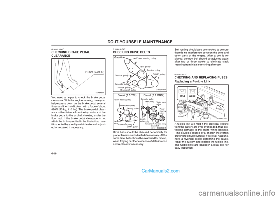 Hyundai Terracan 2003  Owners Manual DO-IT-YOURSELF MAINTENANCE
6-18
G200A01A-AAT CHECKING AND REPLACING FUSES Replacing a Fusible Link A fusible link will melt if the electrical circuits from the battery are ever overloaded, thus pre- v