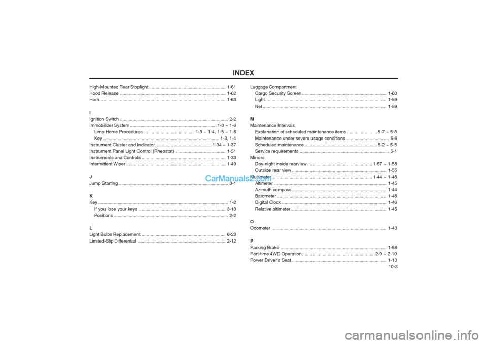 Hyundai Terracan 2003  Owners Manual INDEX  10-3
High-Mounted Rear Stoplight ............................................................
1-61
Hood Release .................................................................................