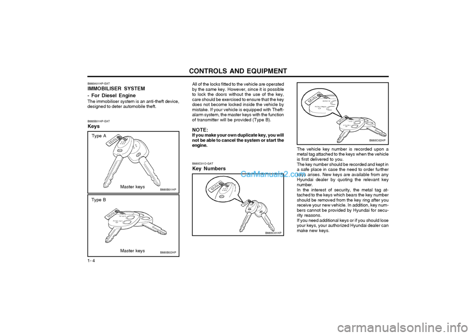 Hyundai Terracan 2003 Owners Manual CONTROLS AND EQUIPMENT
1- 4 B885A01HP-EAT IMMOBILISER SYSTEM - For Diesel Engine The immobiliser system is an anti-theft device,
designed to deter automobile theft.
B885B01HP-EATKeys
B885B01HP
All of Hyundai Terracan 2003 Owners Manual CONTROLS AND EQUIPMENT
1- 4 B885A01HP-EAT IMMOBILISER SYSTEM - For Diesel Engine The immobiliser system is an anti-theft device,
designed to deter automobile theft.
B885B01HP-EATKeys
B885B01HP
All of
