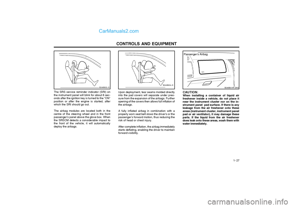 Hyundai Terracan 2003 Owners Manual CONTROLS AND EQUIPMENT1- 27
Upon deployment, tear seams molded directly
into the pad covers will separate under pres- sure from the expansion of the airbags. Furtheropening of the covers then allows f Hyundai Terracan 2003 Owners Manual CONTROLS AND EQUIPMENT1- 27
Upon deployment, tear seams molded directly
into the pad covers will separate under pres- sure from the expansion of the airbags. Furtheropening of the covers then allows f