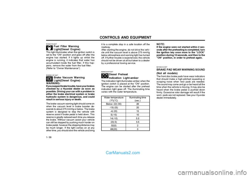 Hyundai Terracan 2003 Owners Manual CONTROLS AND EQUIPMENT
1- 38 B270A01A-EAT BRAKE PAD WEAR WARNING SOUND (Not all models) The front disc brake pads have wear indicators that should make a high-pitched squealing orscraping noise when n Hyundai Terracan 2003 Owners Manual CONTROLS AND EQUIPMENT
1- 38 B270A01A-EAT BRAKE PAD WEAR WARNING SOUND (Not all models) The front disc brake pads have wear indicators that should make a high-pitched squealing orscraping noise when n