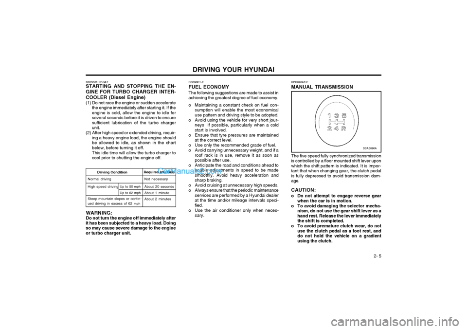 Hyundai Terracan 2003 Owners Manual DRIVING YOUR HYUNDAI 2- 5
DC090C1-E
FUEL ECONOMY
The following suggestions are made to assist in
achieving the greatest degree of fuel economy.
o Maintaining a constant check on fuel con- sumption wi Hyundai Terracan 2003 Owners Manual DRIVING YOUR HYUNDAI 2- 5
DC090C1-E
FUEL ECONOMY
The following suggestions are made to assist in
achieving the greatest degree of fuel economy.
o Maintaining a constant check on fuel con- sumption wi