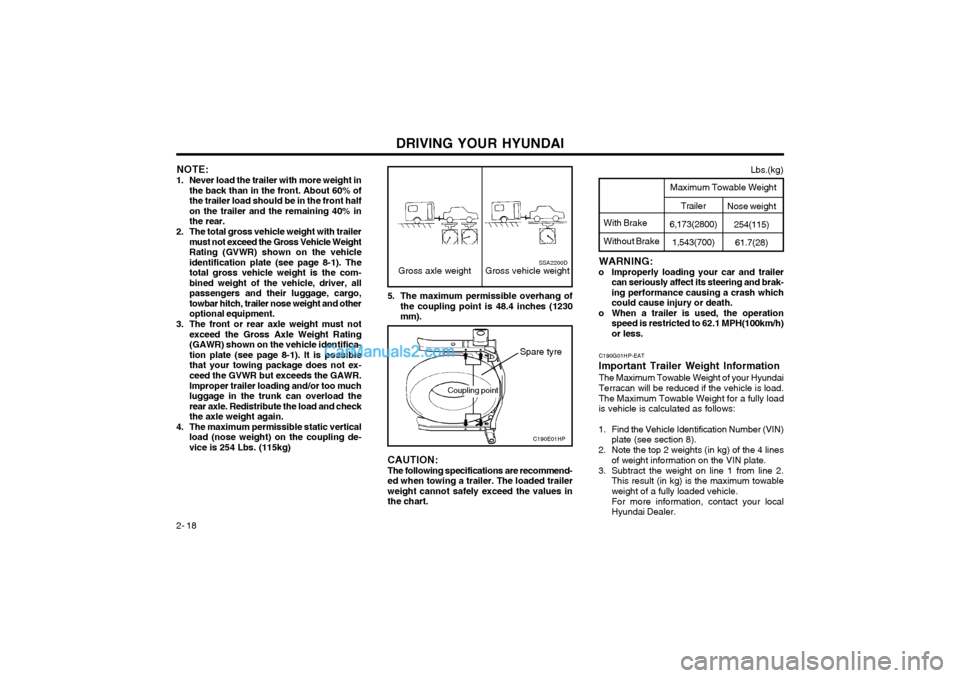 Hyundai Terracan 2003 Owners Manual DRIVING YOUR HYUNDAI
2- 18 NOTE:
1. Never load the trailer with more weight in the back than in the front. About 60% of the trailer load should be in the front halfon the trailer and the remaining 40% Hyundai Terracan 2003 Owners Manual DRIVING YOUR HYUNDAI
2- 18 NOTE:
1. Never load the trailer with more weight in the back than in the front. About 60% of the trailer load should be in the front halfon the trailer and the remaining 40%