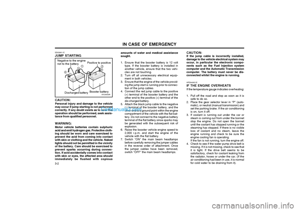 Hyundai Terracan 2003 Owners Manual IN CASE OF EMERGENCY
3-2
CAUTION:
Personal injury and damage to the vehicle
may occur if jump starting is not performed correctly. If any doubt exists as to how thisoperation should be performed, seek Hyundai Terracan 2003 Owners Manual IN CASE OF EMERGENCY
3-2
CAUTION:
Personal injury and damage to the vehicle
may occur if jump starting is not performed correctly. If any doubt exists as to how thisoperation should be performed, seek