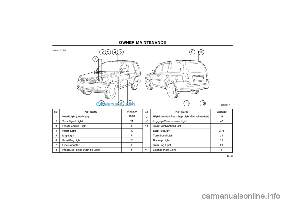 Hyundai Terracan 2003 Owners Manual OWNER MAINTENANCE 6-23
No.
9
10 11 12 Wattage
16 40
21/5 2121 21
5
G280A01HP-EAT
No.
1 2 3 4 5 6 7 8 Part Name
Head Light (Low/High)Turn Signal Light
Front Position Light Room Light Map Light Front Hyundai Terracan 2003 Owners Manual OWNER MAINTENANCE 6-23
No.
9
10 11 12 Wattage
16 40
21/5 2121 21
5
G280A01HP-EAT
No.
1 2 3 4 5 6 7 8 Part Name
Head Light (Low/High)Turn Signal Light
Front Position Light Room Light Map Light Front