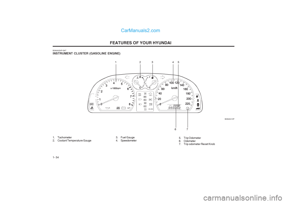Hyundai Terracan 2003 Service Manual FEATURES OF YOUR HYUNDAI
1- 34
B260A01HP
B260A02HP-GAT INSTRUMENT CLUSTER (GASOLINE ENGINE) 
1. Tachometer 
2. Coolant Temperature Gauge
12
345
7
6
3. Fuel Gauge 
4. Speedometer 5. Trip Odometer
6. Od
